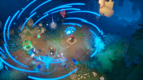 Screenshot from Minecraft Dungeons II showing a hero casting a glowing blue spell surrounded by enemies and magical effects.
