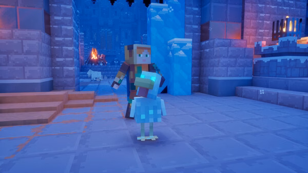 Screenshot from Minecraft Dungeons II showing a player character and a glowing blue pet inside an icy castle.