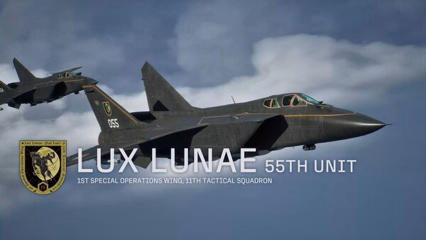 Screenshot from ACE COMBAT 8: WINGS OF THEVE showing two fighter jets in flight with "LUX LUNAE 55TH UNIT" text overlay.