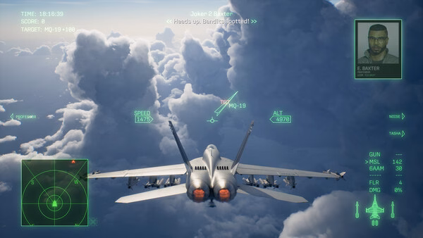 ACE COMBAT 8: WINGS OF THEVE screenshot: Fighter jet in mid-flight with HUD overlay, targeting an enemy aircraft in the clouds.