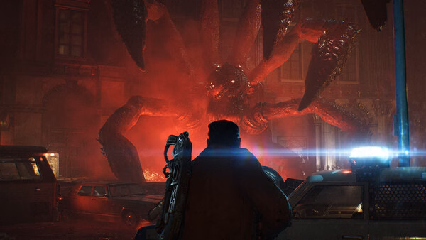 A Gears of War: E-Day screenshot showing a soldier facing a massive, red, multi-limbed creature in a city street at night.