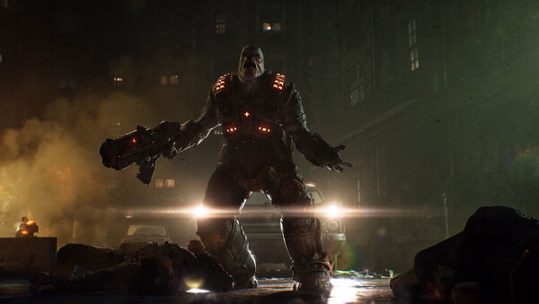 Screenshot from Gears of War: E-Day showing a heavily armed Locust enemy standing amidst debris in a dark, war-torn city.