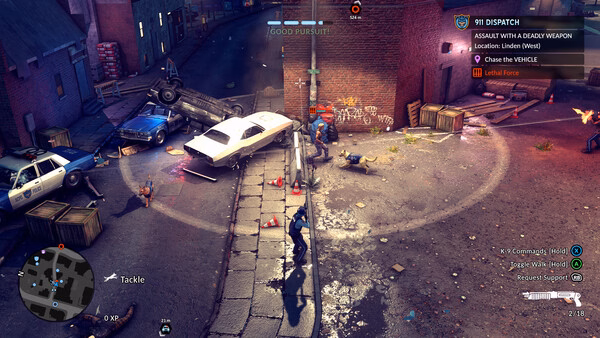 A screenshot from The Precinct shows a top-down view of a police chase scene with officers pursuing a suspect in an alley.