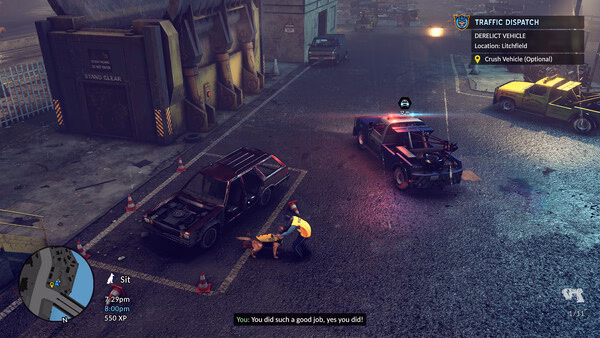Screenshot from "The Precinct" showing a nighttime scene with a police car, a suspect being arrested, and mission objectives displayed.