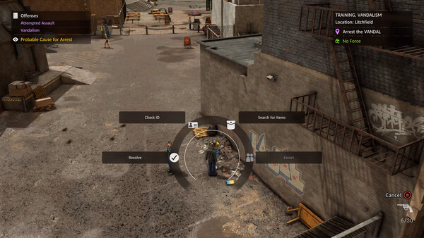 Screenshot from The Precinct showing a player interacting with a suspect using a radial menu in a crime scene setting.