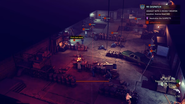 Screenshot from "The Precinct" showing a warehouse shootout with armed officers, suspects, and visible mission objectives.