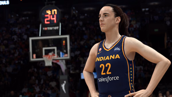NBA 2K27 screenshot showing a player in an Indiana jersey with "22" on the court, a shot clock visible in the background.