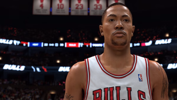 Screenshot from NBA 2K27 showing a basketball player in a Chicago Bulls jersey on the court, with the arena crowd in the background.