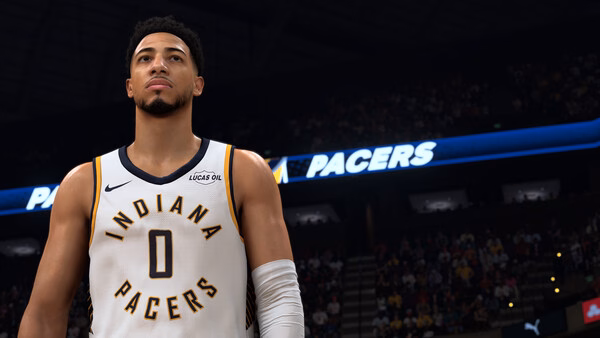 NBA 2K27 screenshot showing a player in an Indiana Pacers jersey on the court, with a crowd and arena lights in the background.